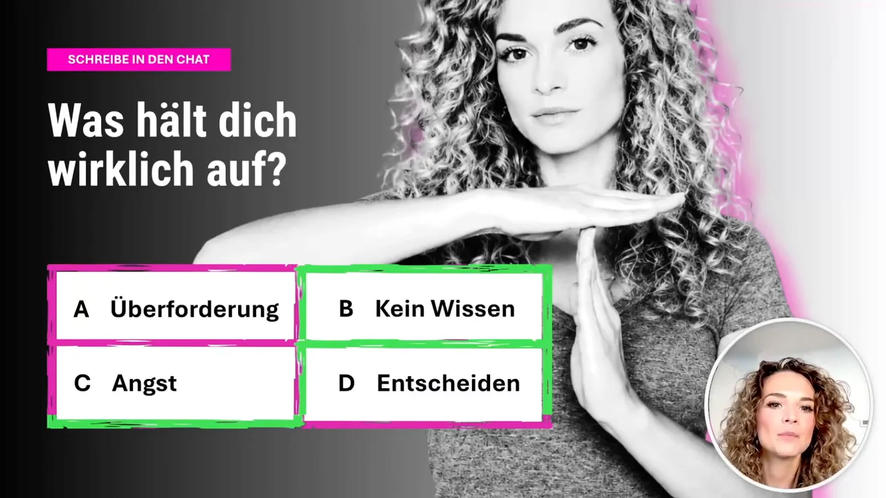 Victoria neben vier Antwortfeldern zur Frage, was dich wirklich aufhält. Die Antworten bleiben in dieser Vorschau verborgen.